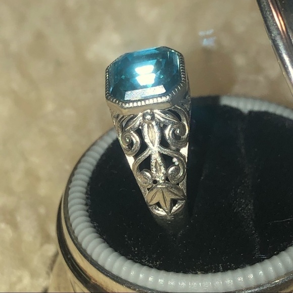 Vtg Sterling Silver & Blue Square Cubic Zirconia Floral Filirgree Band Sz 6.75 - Picture 6 of 12